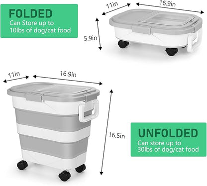 ShineMe Dog Food Storage Container, 30 Lbs Collapsible Food Storage Containers with Rolling Wheel Airtight Locking Lid, Cat Foods Bin with Cup and Scoop, Suitable for Pet Snack, Rice, Flour (Grey)