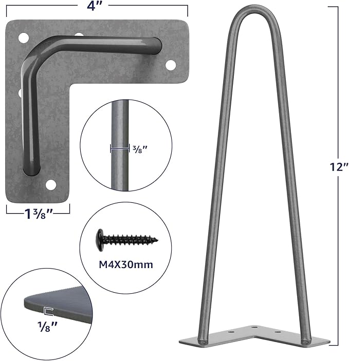 SMARTSTANDARD 12 Inch Heavy Duty Hairpin Furniture Legs, Metal Home DIY Projects for TV Stand, Sofa, Cabinet, etc with Rubber Floor Protectors Gray 4PCS