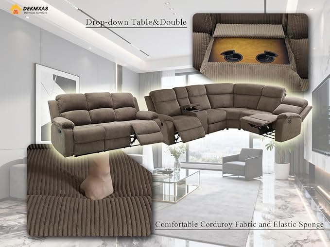 4PCS Living Room Furniture Sets, Brown Reclining Sectional Sofa Set with 4 Recliner Seats, Corduroy Reclining Sofa with Storage Console, Drop-Down Table, Cup Holders for Living Room, Bedroom