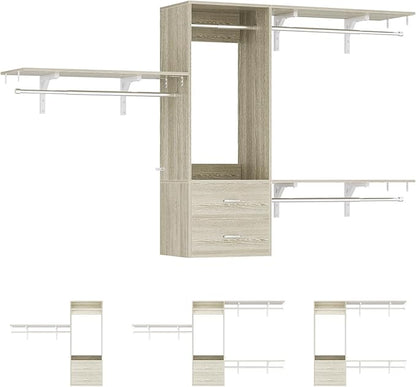 Cyclysio 8 FT Hanging Closet Organizer System, 96 Inch Closet System with Drawers, Walk in Closet System with 4 Adjustable Rods and 3 Shelving Towers for 4-8FT Spaces(Cut-to-Fit), Oak