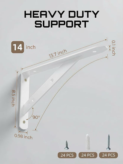 Shelf Brackets Heavy Duty, 8 Pack White 14 inch Floating Shelf Bracket, Max Load 300 lbs of Metal Triangle Decorative Shelf Support Brackets for Wall Mount