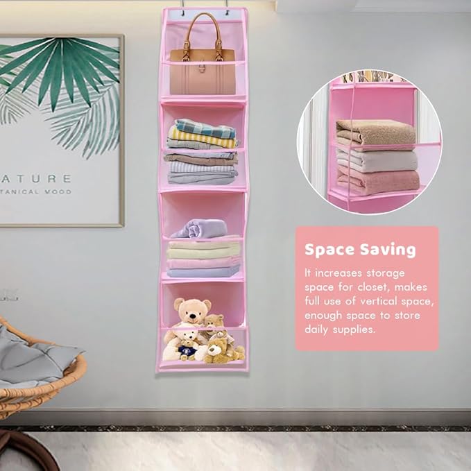 Bibabala Over The Door Organizer Storage,4 Shelf Swing-Proof Behind Door Organizers with Metal Hooks,Closet Hanging Organizer with 4 Large Clear Pocket for Bedroom,Bathroom,Pantry(Pink)