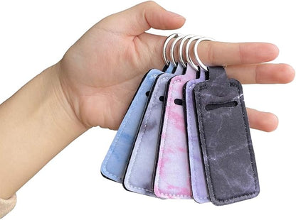 5-Piece Marble Chapstick Clip-On Sleeve Pouch Neoprene Keychains Lipstick Holder Elastic Lip Balm Holster Keychain Holder for Travel