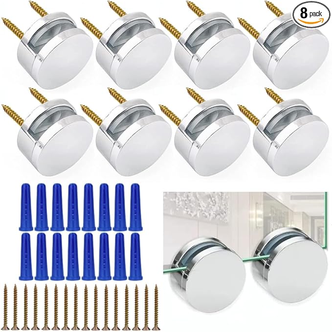 AccEncyc Upgraded 3-5mm Frameless Mirror Mounting Hardware 8 Pack Dual-Screw Fixing Mirror Mounting Kit with Heavy Duty Long Screws and Anchors