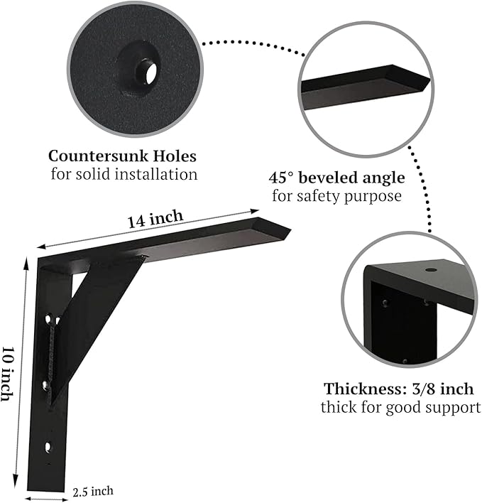 Countertop Support Bracket 14 Inch Heavy Duty Shelf Bracket 2 Pack 3/8" Thick Black14 x10 x2.5 for Granite Quartz Wood Laminate Countertops