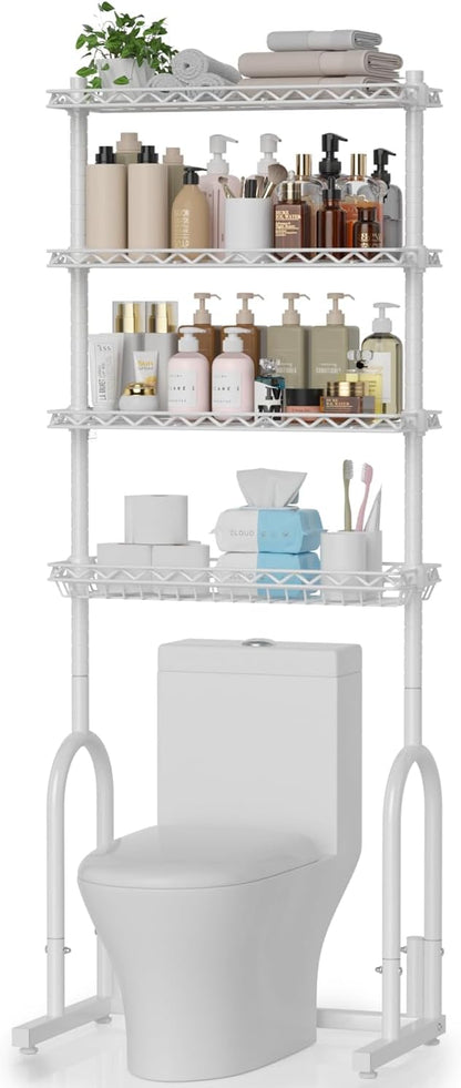 EAGMAK Over The Toilet Storage Rack, 4-Tier Bathroom Organizer with Adjustable Shelves & Basket, Rust-Resistant Metal Over Toilet Shelf for Small Bathroom Space Saving, White