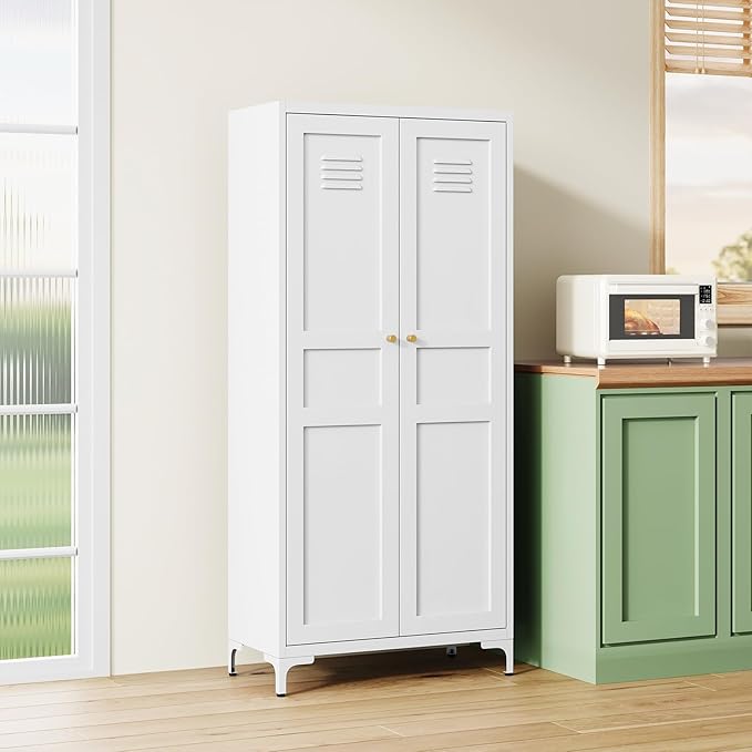 MIIIKO Storage Cabinet with Doors, Tall Kitchen Pantry Cabinet with 4 Shelves Freestanding, Metal White Cabinets for Laundry and Bathroom,14" D x 27.6" W x 61" H Tall Cupboard