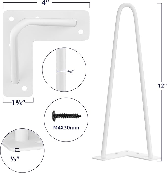 SMARTSTANDARD 12 Inch Heavy Duty Hairpin Furniture Legs, Metal Home DIY Projects for TV Stand, Sofa, Cabinet, etc with Rubber Floor Protectors White 4PCS