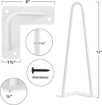 SMARTSTANDARD 12 Inch Heavy Duty Hairpin Furniture Legs, Metal Home DIY Projects for TV Stand, Sofa, Cabinet, etc with Rubber Floor Protectors White 4PCS