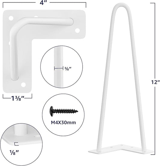 SMARTSTANDARD 12 Inch Heavy Duty Hairpin Furniture Legs, Metal Home DIY Projects for TV Stand, Sofa, Cabinet, etc with Rubber Floor Protectors White 4PCS