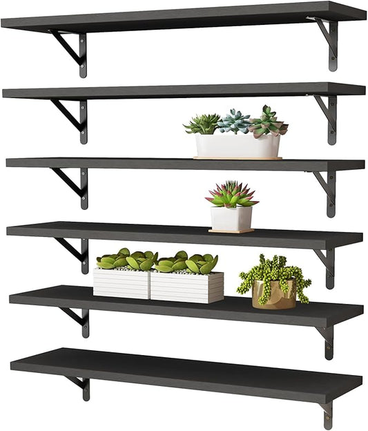 YGEOMER 23.6 Inch Floating Shelves for Wall, Farmhouse Wall Shelves for Bedroom, Bathroom Storage, Living Room and Kitchen Decor (Set of 6 Black)
