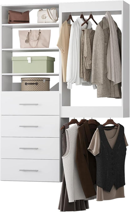 Modular Closet Organizer, 49" Wide with Tower & Drawers, Wood Tower Storage for Walk-In Closets, Wall-Mounted Wardrobe Organizer Kit, Bedroom, White