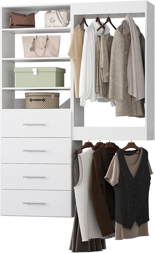 Modular Closet, 46" Wide Organizer with Tower and Drawers, Wood Tower Storage for Walk-In Closets, Wall-Mounted Wardrobe Organizer, White