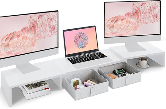 TEAMIX Dual Monitor Stand Riser - Length and Angle Adjustable White Monitor Stand with 2 Drawers to Storage Large Computer Riser for 2 Monitors/Laptop/PC, Wood Screen/TV Stand Desk Organizer (White)