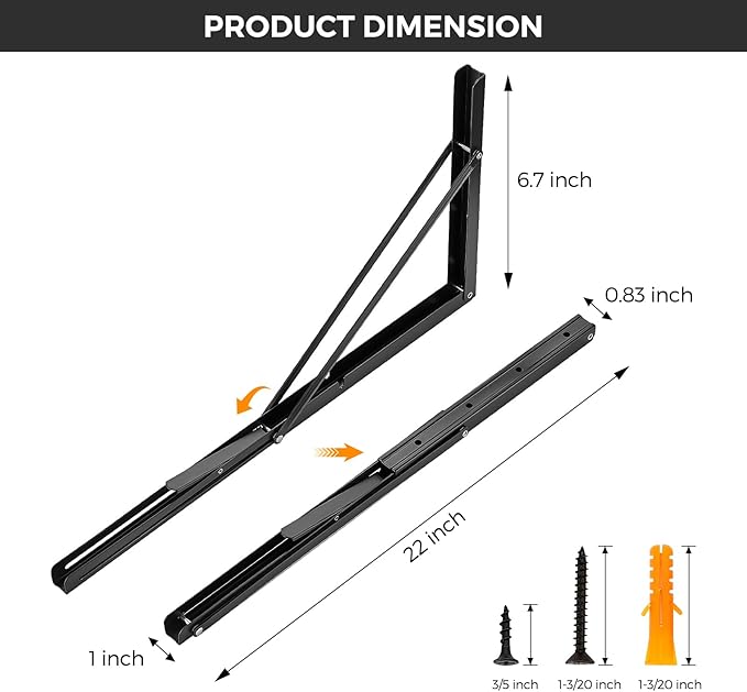JOY DECOR 22 Inch Heavy Duty Folding Shelf Brackets, 2 Pack (1 Pair) Collapsible Wall Mounted Brackets for Fold Down Table, Stainless Steel Folding Table Hinge, Matte Black