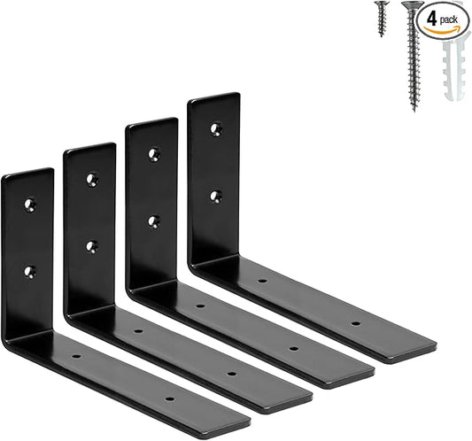 HEART ART 4 Pack Shelf Brackets 6 inch,L Brackets for Shelves,Black Heavy Duty Metal Shelf Brackets,6”x4”x1.4”