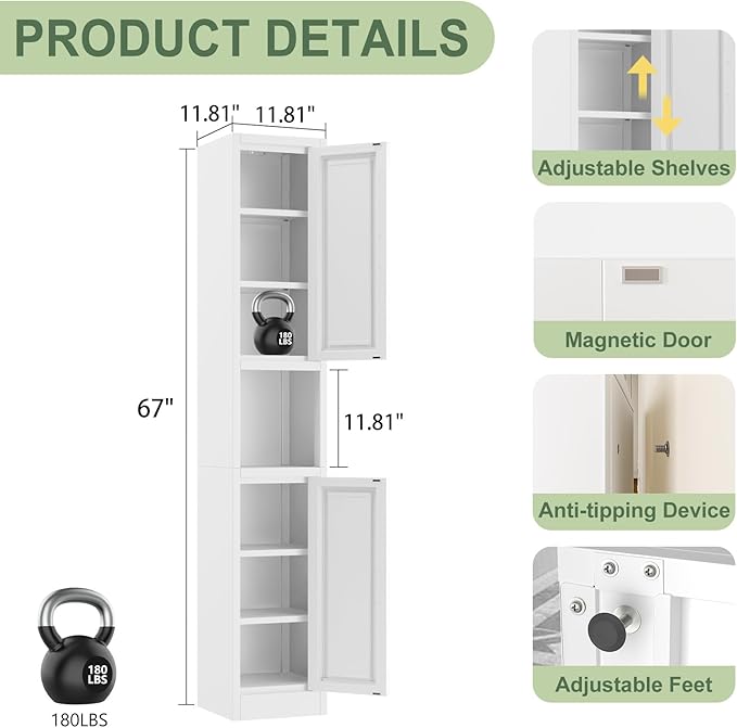 67" Tall Narrow Storage Cabinet Metal Bathroom Cabinet with 2 Doors & 4 Adjustable Shelves, Standing Pantry Cabinets Cupboard for Kitchen, Dining Room, Living Room and Bathroom (White)