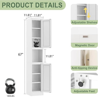 67" Tall Narrow Storage Cabinet Metal Bathroom Cabinet with 2 Doors & 4 Adjustable Shelves, Standing Pantry Cabinets Cupboard for Kitchen, Dining Room, Living Room and Bathroom (White)