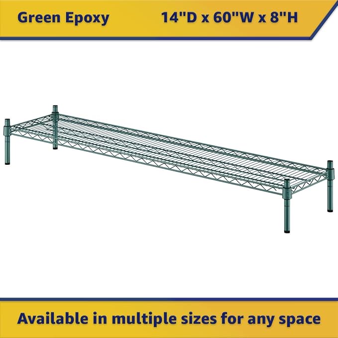 14" x 60" x 8" Green Epoxy Wire Storage Shelf, Dunnage Rack, Commercial 1 Tier Small Shelf
