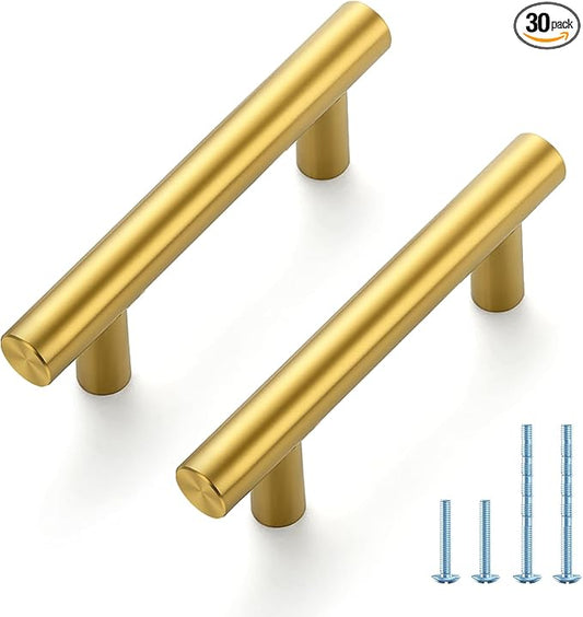 JOY DECOR 30 Pack 4 Inch Cabinet Pulls Kitchen Cabinet Handles with 2-1/2 Inch Hole Center Brushed Brass Cabinet Hardware Stainless Steel Kitchen Drawer Pulls for Cabinets Cupboard, 64mm Hole Centers