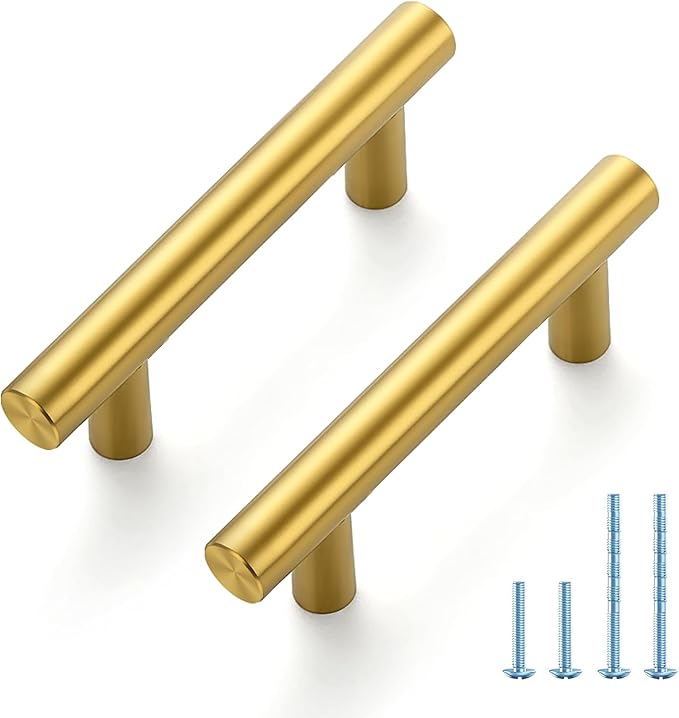 JOY DECOR 45 Pack 4 Inch Cabinet Pulls Kitchen Cabinet Handles with 2-1/2 Inch Hole Center Brushed Brass Cabinet Hardware Stainless Steel Kitchen Drawer Pulls for Cabinets Cupboard, 64mm Hole Centers