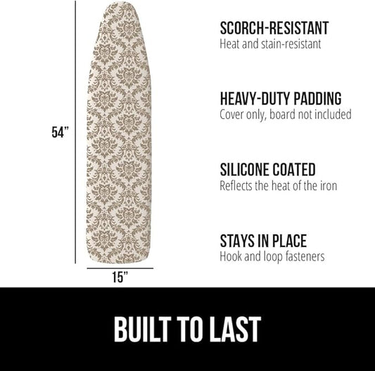 The Original GORILLA GRIP Ironing Board Cover and Pad, Silicone Coating, Thick Scorch Resistant Padding, Heavy Duty Iron Covers Standard Boards, Hook and Loop Fastener Strap, Damask, 15x54