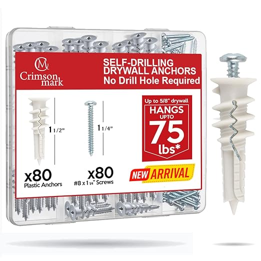 160Pcs Self Drilling Drywall Anchors and Screws kit #8 x 1-1/4”- Superb Wall Anchors for Drywall, Holds Upto 75lbs – No Drill Hole Required with These Dry wall Screws and Anchors