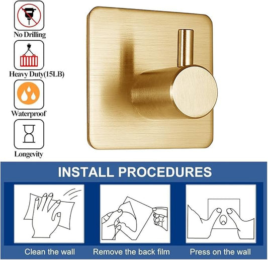 Gold Adhesive Hooks 15LB (Max), Non Tarnish Sticky Hooks for Hanging Towels, Coat, Backpack, Purse, Hat, Key, Self-Adhesive Towel Holder for Shower Closet Bathroom-4 Packs