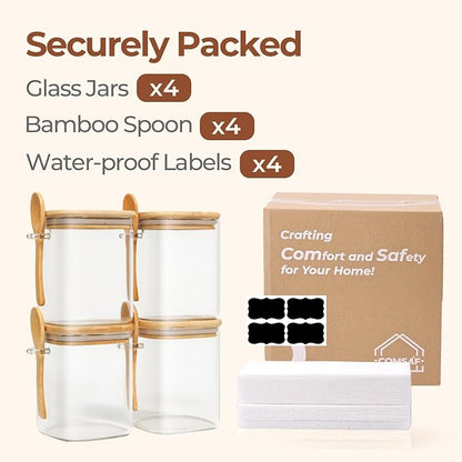 ComSaf 0.8 Qt Glass Jars with Bamboo Lids & Spoons Set of 4, Square Glass Containers with Lids, Sugar Coffee Containers Salt Spice Jars, Pantry Storage Container for Loose Tea, Candy, Brown Sugar, Nut