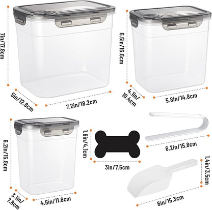 ZooZoo 3PCS Transparent Dog Treat Container Set with Airtight Lids, BPA-Free Plastic Storage Bins for Pet Food & Treats, Stackable Large Medium Small Sizes, Includes Scoops, Labels, Tongs and Marker