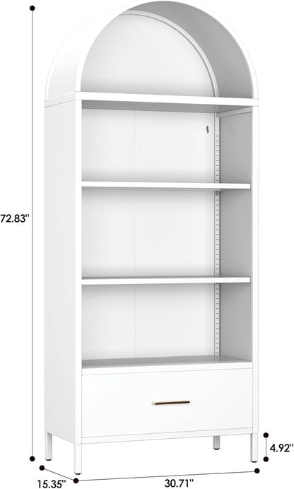 Metal White Arched Bookcase with 2 Adjustable Shelf, Arched Bookshelf with Drawer for Home Office Living Room,Required Assembly