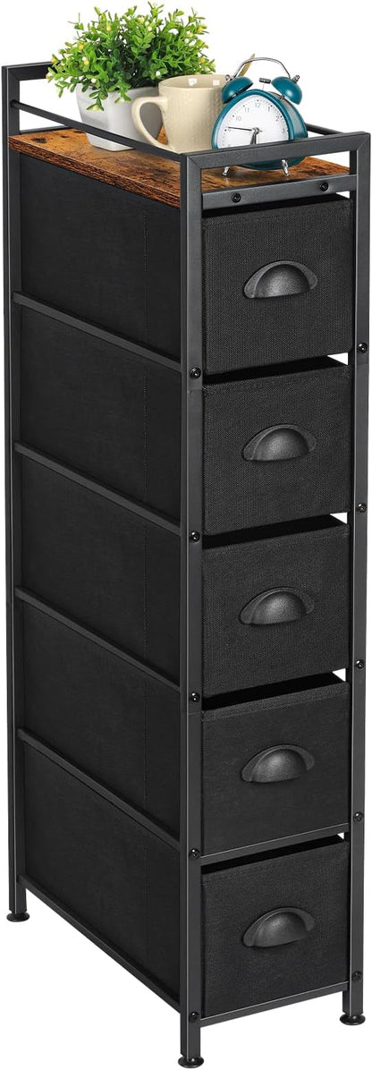 HAITRAL 5 Drawers Narrow Dresser, Fabric Drawer Storage Cabinet, Vertical Standing Storage Chest, Gaps Organizer with Removable Drawers and Wooden top for Laundry, Living Room, Entryway (Black)