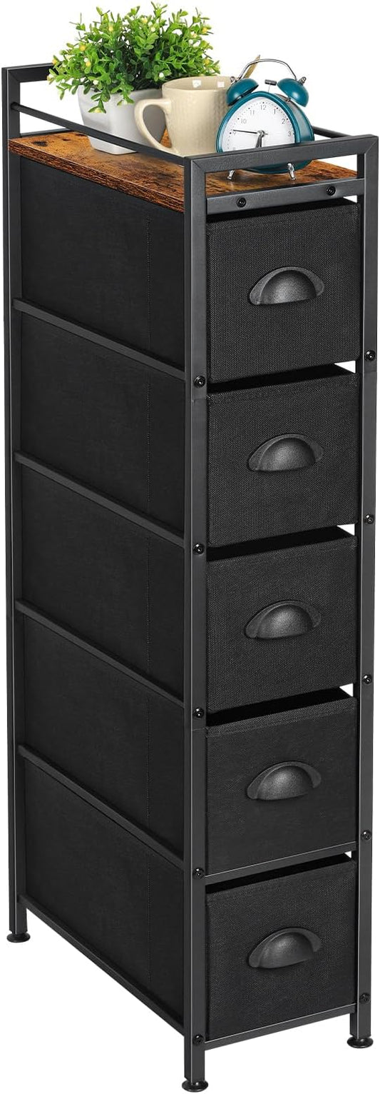 HAITRAL 5 Drawers Narrow Dresser, Fabric Drawer Storage Cabinet, Vertical Standing Storage Chest, Gaps Organizer with Removable Drawers and Wooden top for Laundry, Living Room, Entryway (Black)