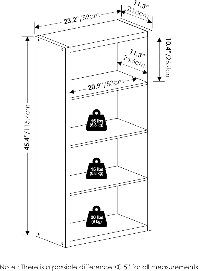 Furinno Viola Book Shelf, 4-Tier Bookshelf, Extra Thick Frame Bookcase with Open Shelf, Open Back Design, 11.3" x 23.2" x 45.4", for Living Room, Bedroom, Home Office, Amber Pine