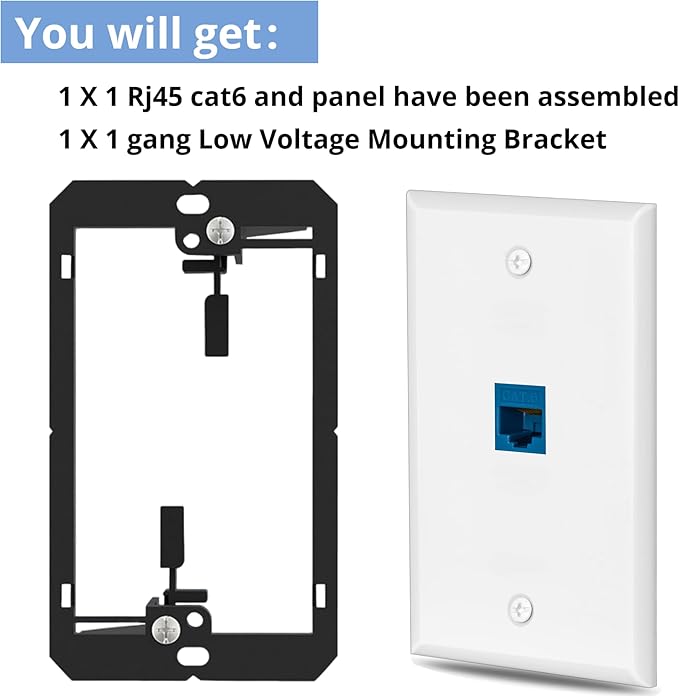 1 Pairs Ethernet Wall Plate Cat6 1 Port Keystone Jack Wall Plate with RJ45 Coupler Outlet Connector and Single Gang Low Voltage Mounting Bracket