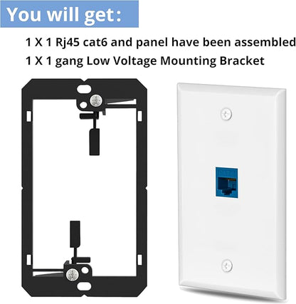 1 Pairs Ethernet Wall Plate Cat6 1 Port Keystone Jack Wall Plate with RJ45 Coupler Outlet Connector and Single Gang Low Voltage Mounting Bracket