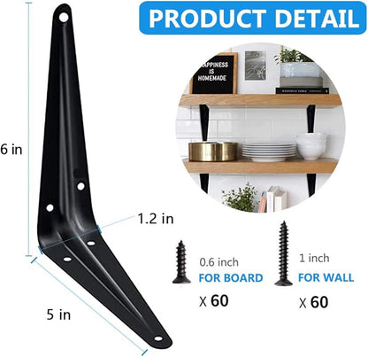 20 Pack Shelf Brackets 6 x 5 Inch, Heavy Duty Black Metal Floating Shelf Bracket, Rustic Farmhouse Decorative Iron L Bracket, J Brackets Wall Angel Corner Brace for Wood Shelves