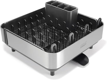 Joseph Joseph Extend Steel Plus Extendable Dish Rack Steel, Small to Large Dish Drainer with Wine Glass Holder & Drain Spout, Black