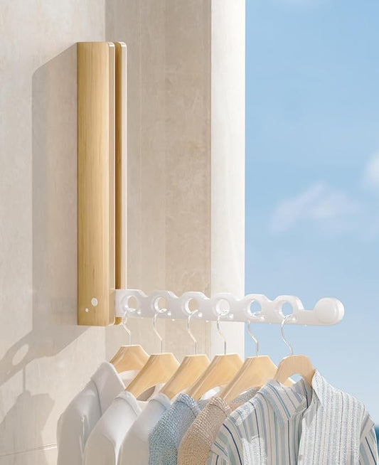 Natural Wood Folding Clothes Hanger Rack for Laundry Room, Wall Mounted Clothes Drying Rack, Laundry Drying Rack Foldable, Perfect for Small Spaces, Beech Wood White