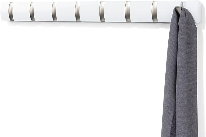Umbra Flip Wall-Mounted Coat Rack with 8 Hooks – Modern, Space-Saving Storage for Hats, Jackets, Bags, Entryway, Mudroom, Closet, Bathroom, Bedroom – White/Nickel
