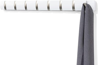 Umbra Flip Wall-Mounted Coat Rack with 8 Hooks – Modern, Space-Saving Storage for Hats, Jackets, Bags, Entryway, Mudroom, Closet, Bathroom, Bedroom – White/Nickel