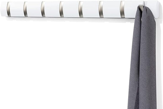 Umbra Flip Wall-Mounted Coat Rack with 8 Hooks – Modern, Space-Saving Storage for Hats, Jackets, Bags, Entryway, Mudroom, Closet, Bathroom, Bedroom – White/Nickel