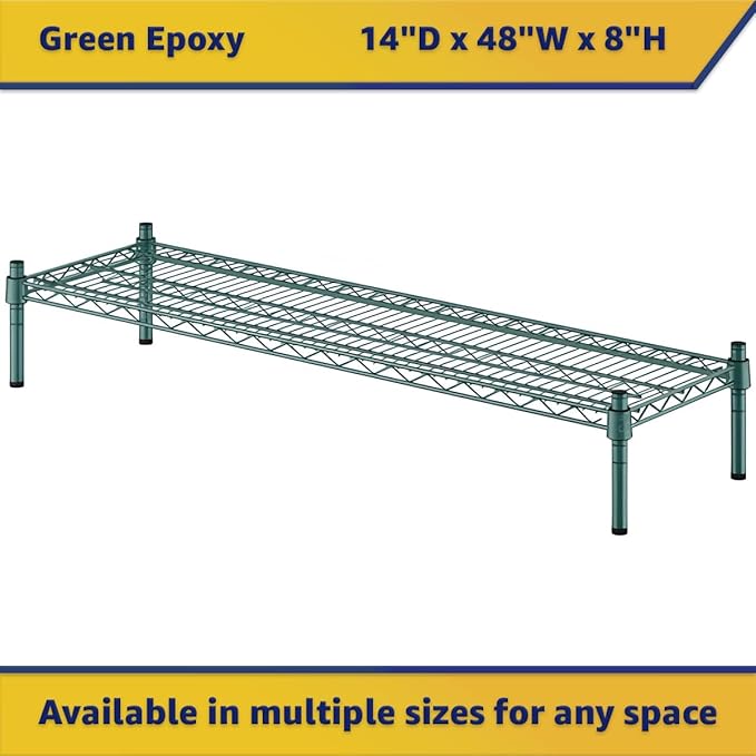 14" x 48" x 8" Green Epoxy Wire Storage Shelf, Dunnage Rack, Commercial 1 Tier Small Shelf