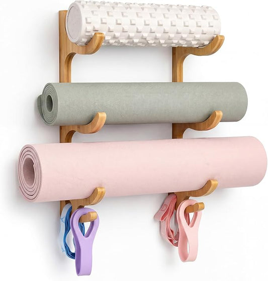 Geelin 3 Tier Yoga Mat Holder Wooden Wall Mount, Yoga Mat Gym Equipment Storage with 4 Hook for Hanging Foam Rollers and Resistance Bands, Storage Holder for Home Gym or Fitness Class