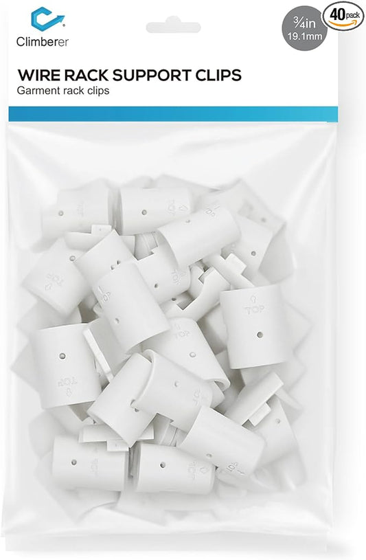 20 Pairs of 3/4-Inch（19.1mm） Wire Shelf Clips for Metal Shelving & Garment Racks – Plastic Locking Clips, Adjustable Layer Spacers (White, 3/4)