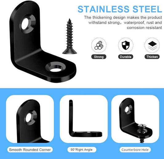 40PCS L Brace, Black Small L Brackets for Wood, Stainless Steel Corner Brace, Metal Right Angle Bracket for Furniture - 80PCS Screws (0.79 x 0.79 inch)