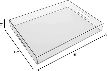Sooyee Clear Acrylic Tray Decorative,16" x 12" Plastic Serving Trays for Coffee Table,Kitchen,Bathroom,Food,Vanity Countertop,Large Ottoman Tray with Handles