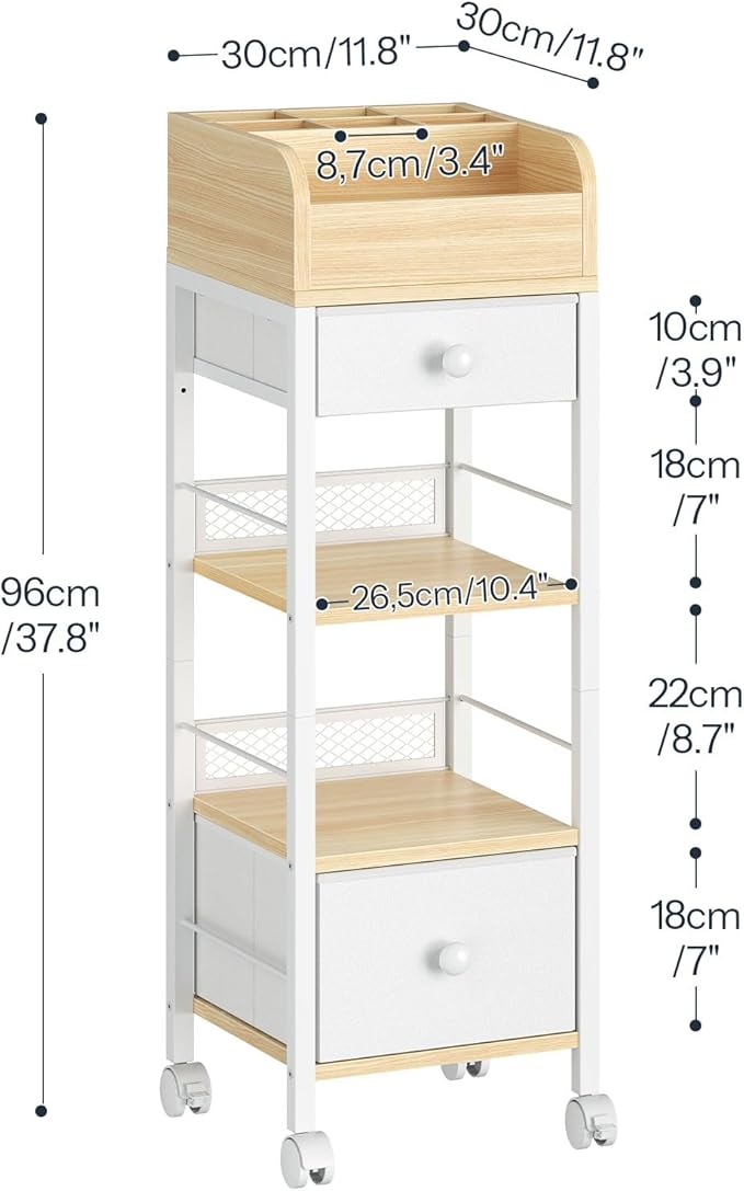 HOOBRO Makeup Organizer Cart with Fabric Drawers, Mobile Makeup Storage with Swivel Casters and Leveling Feet, Cosmetics Display Holder for Bathroom and Bedroom Vanity, White and Natural WN20TC04