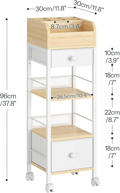 HOOBRO Makeup Organizer Cart with Fabric Drawers, Mobile Makeup Storage with Swivel Casters and Leveling Feet, Cosmetics Display Holder for Bathroom and Bedroom Vanity, White and Natural WN20TC04