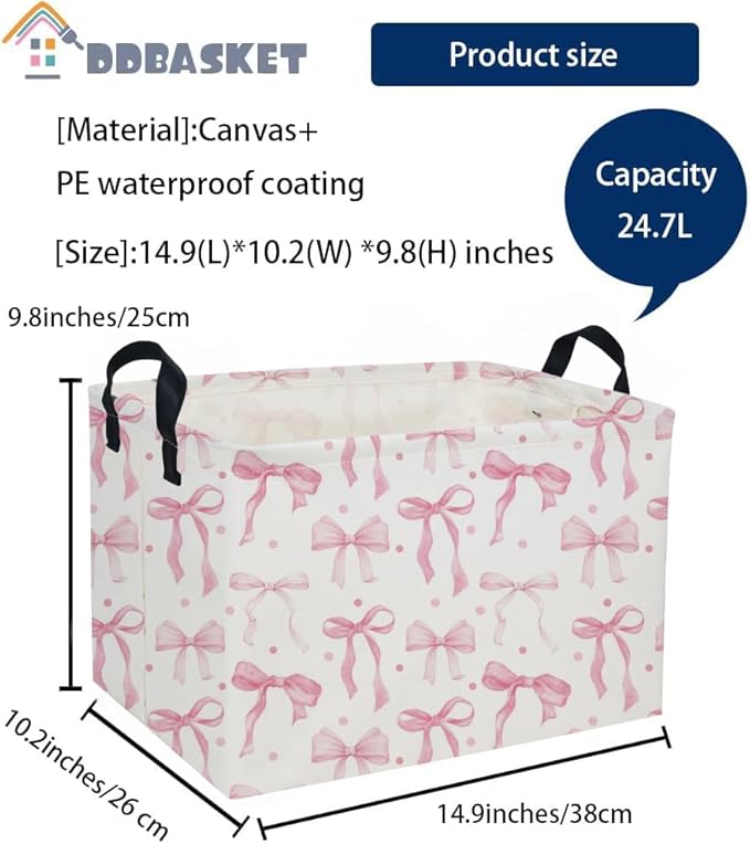 Kids Basket Pink Baskets Girls Basket Rectangular Cute Storage Bin for Room Decor(Pink bownot)